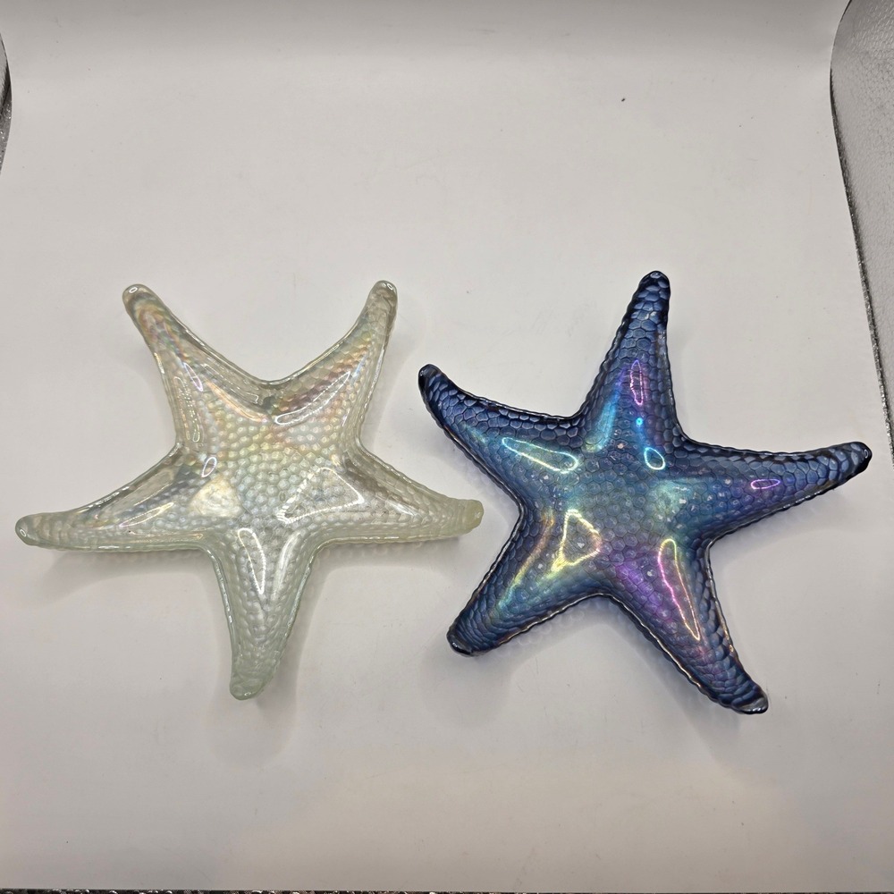 Set of 2 Iridescent Glass Starfish Decorative Bowls Blue and White Luster 7.5"